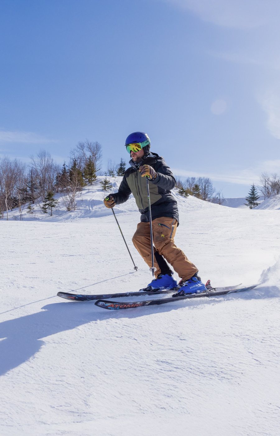 Skier carving on a sunny trail