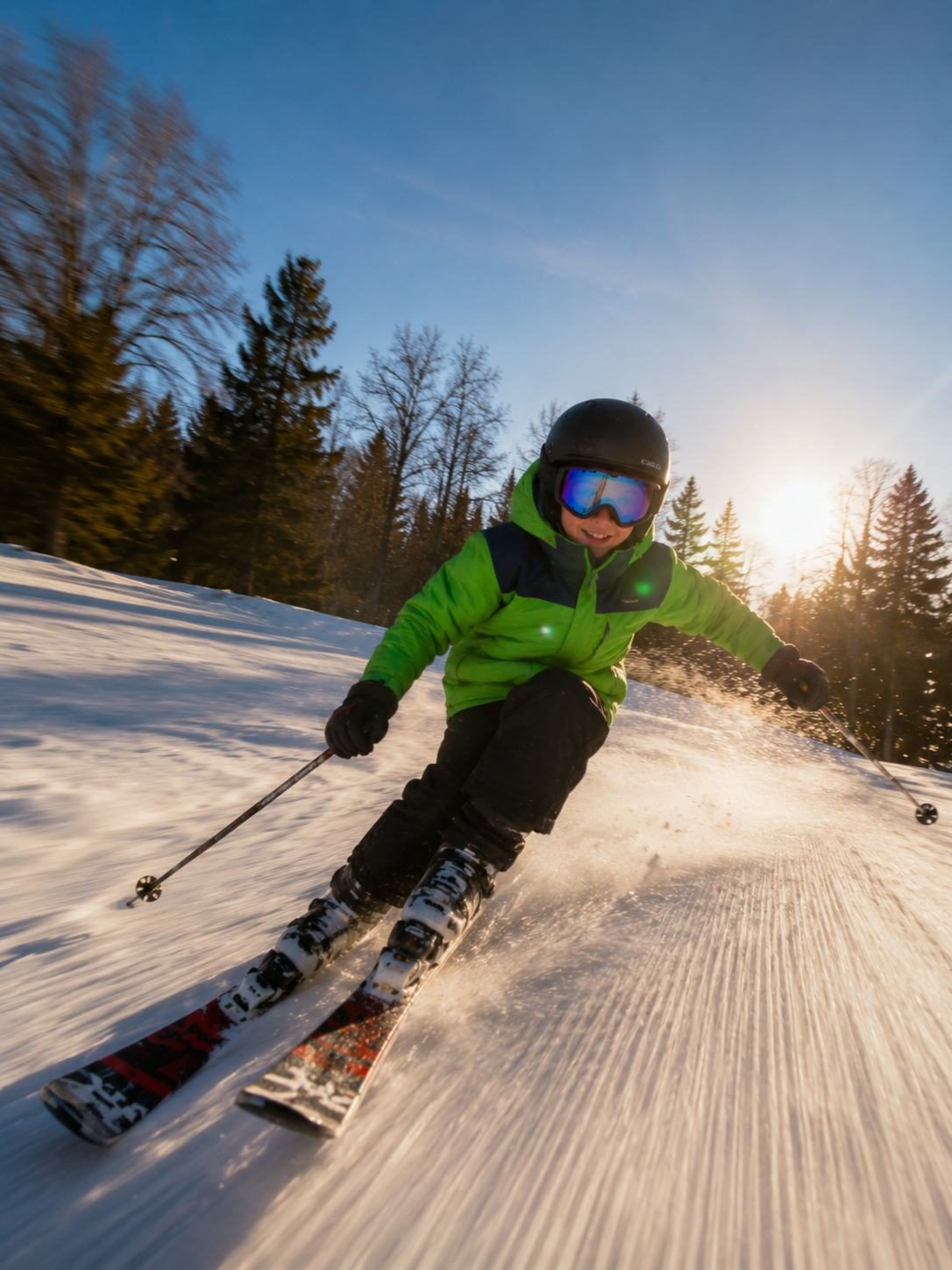 Skier carving on a sunny trail