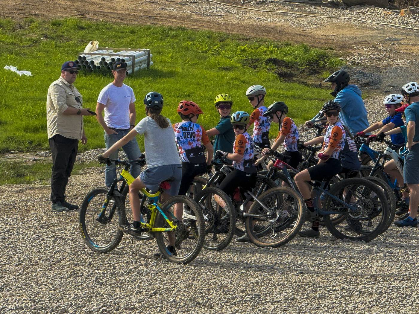Young riders and coaches gathered on the trail at Martock