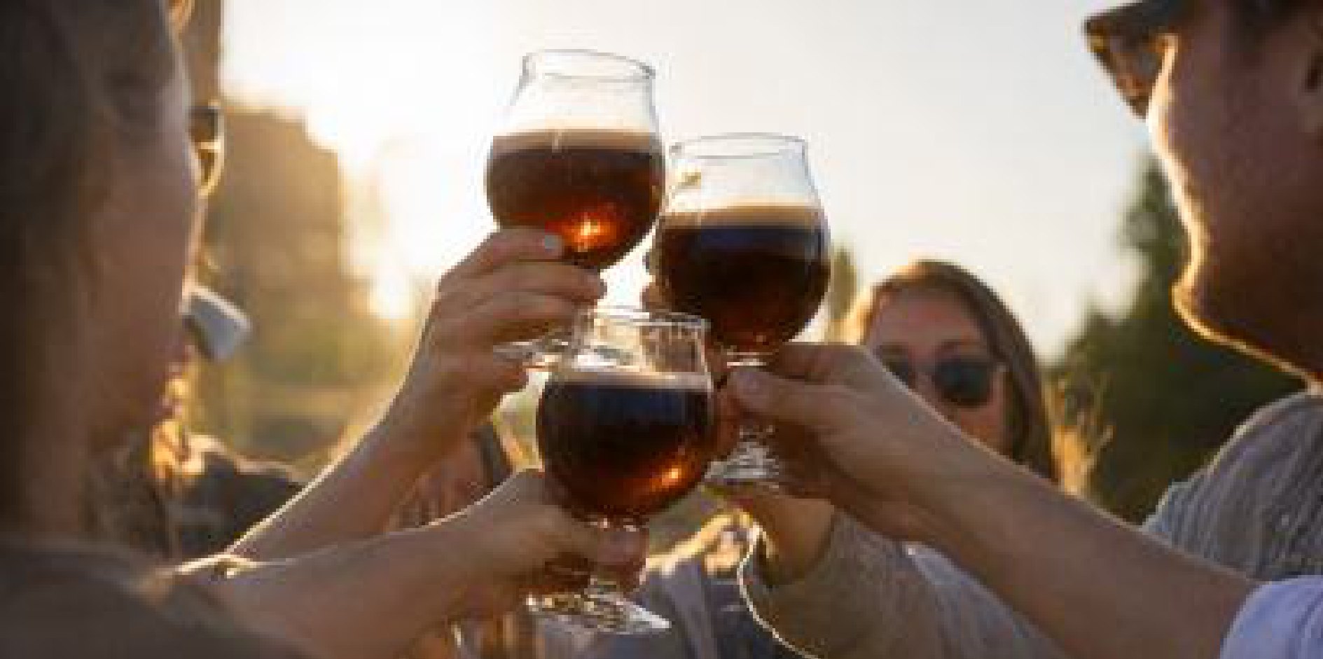 Friends toasting with glasses of beer at sunset