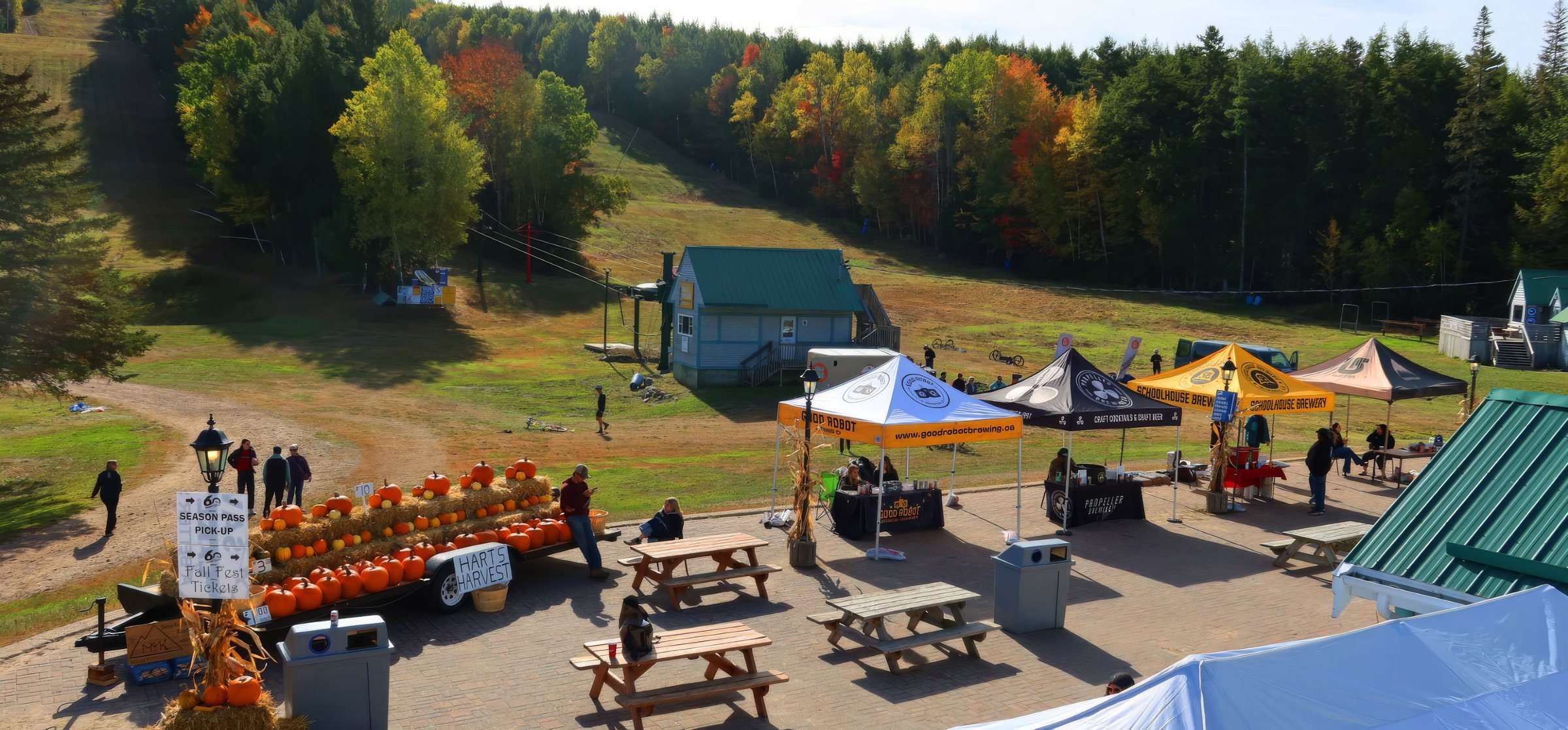 Fall Fest tents and pumpkins on the grass at Martock