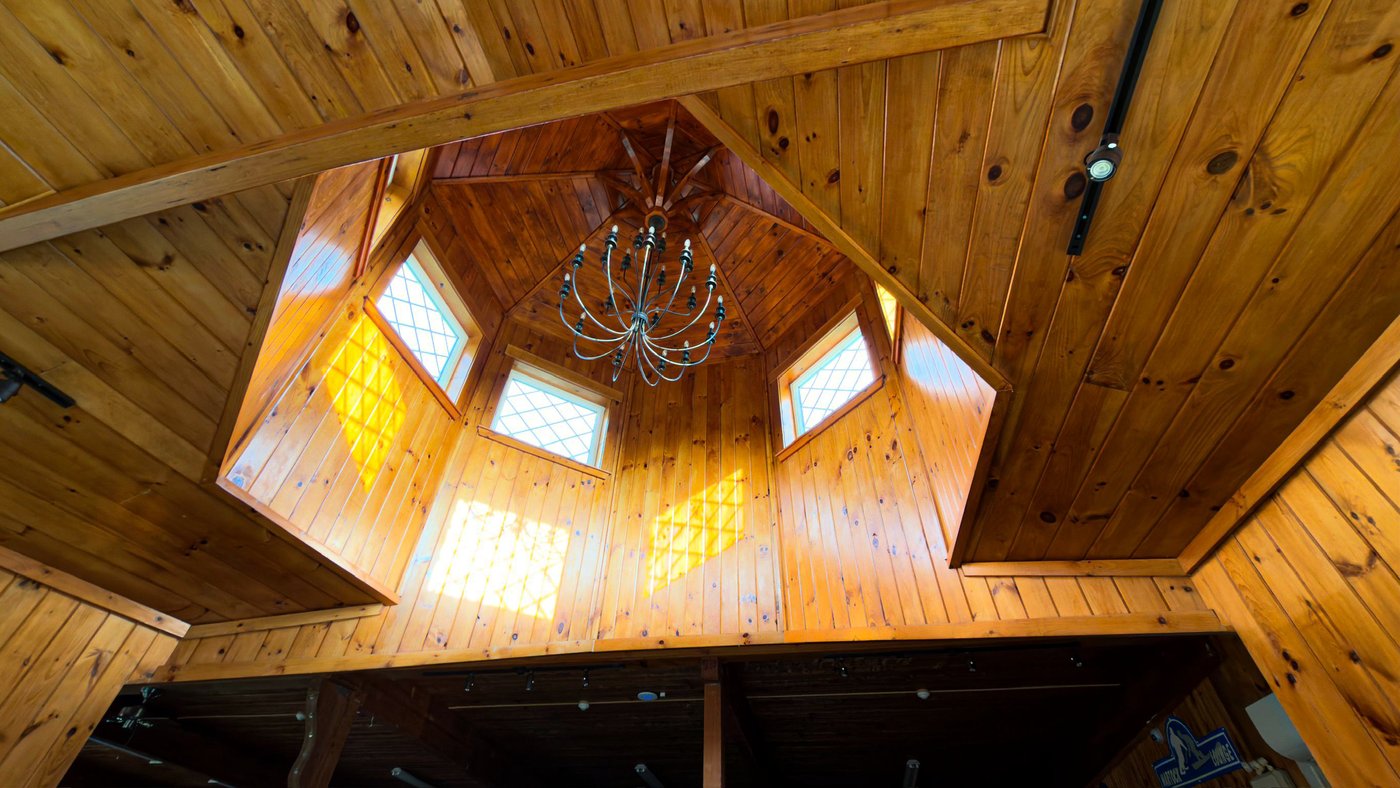 The lodge cupola and chandelier
