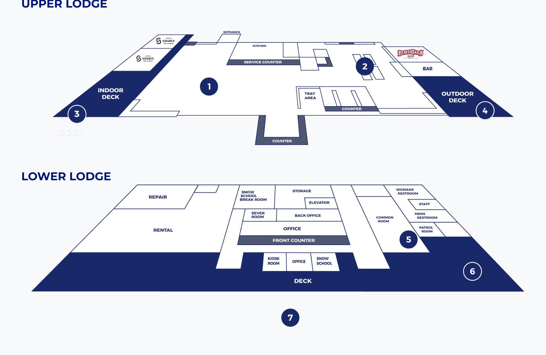 Floor plans of the Martock upper and lower lodge with numbered venues