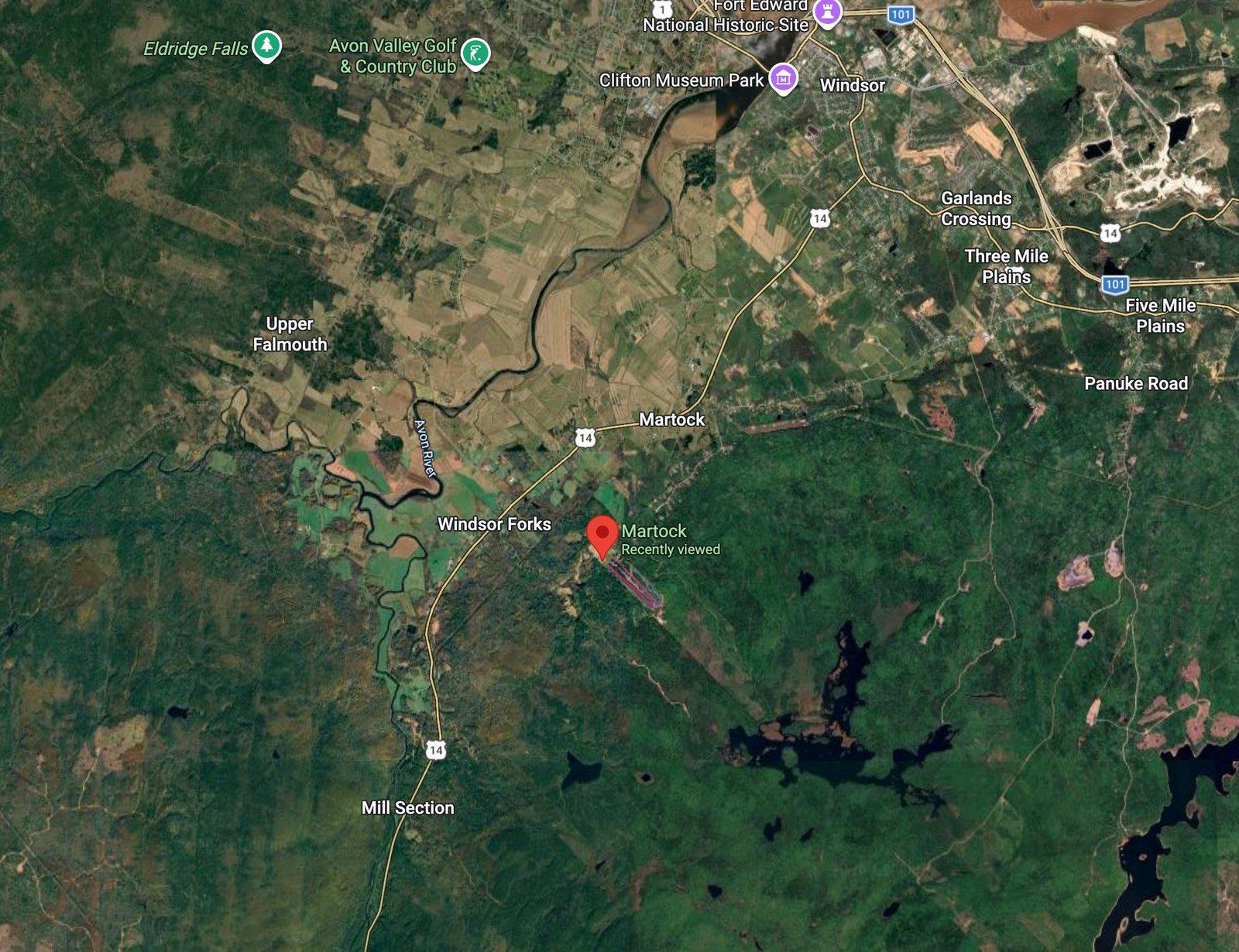 Satellite map showing Ski Martock near Windsor Forks, Nova Scotia